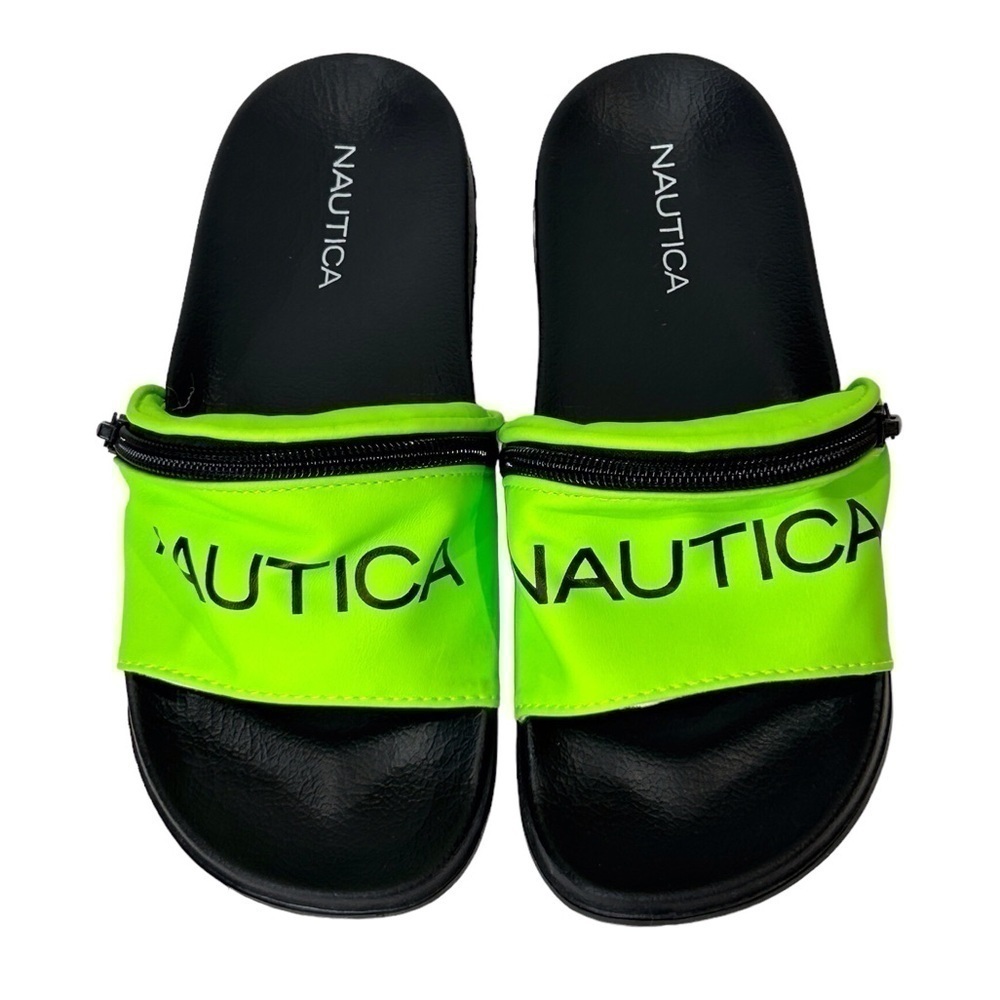 Nautica Flip Flops Asliea Unisex Slide Neon Green/Black Zip Pocket Size-5 NWOT